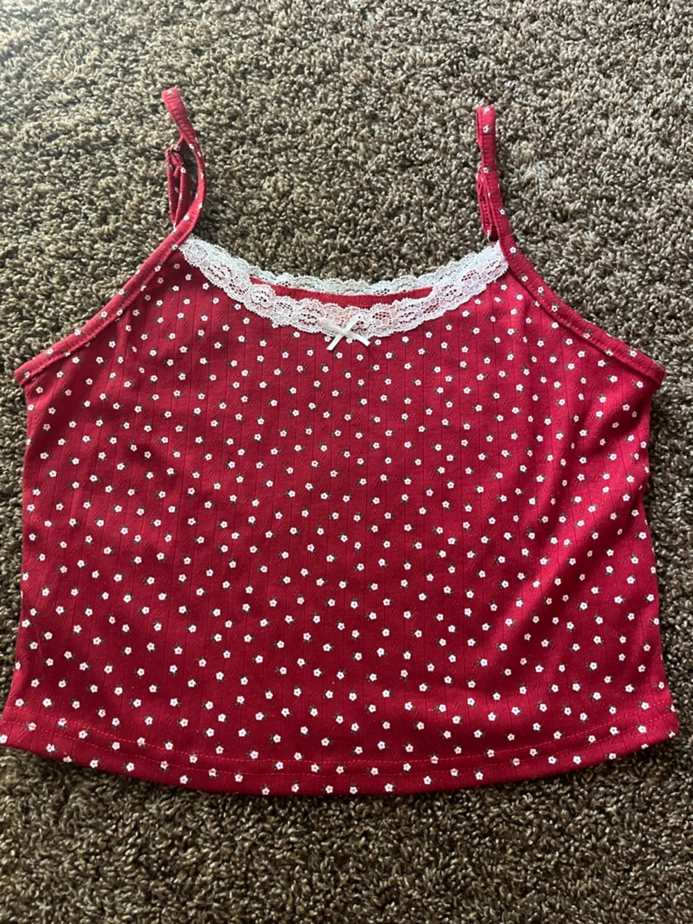 Red Floral Detailed Lace-Trim Cami Top